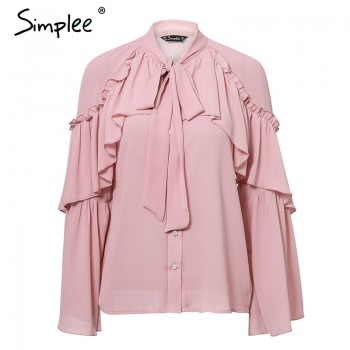 Simplee women long layered flare sleeve blouse Temperament lace up ladies chiffon blouses 2018 Autumn winter ruffle blouse shirt