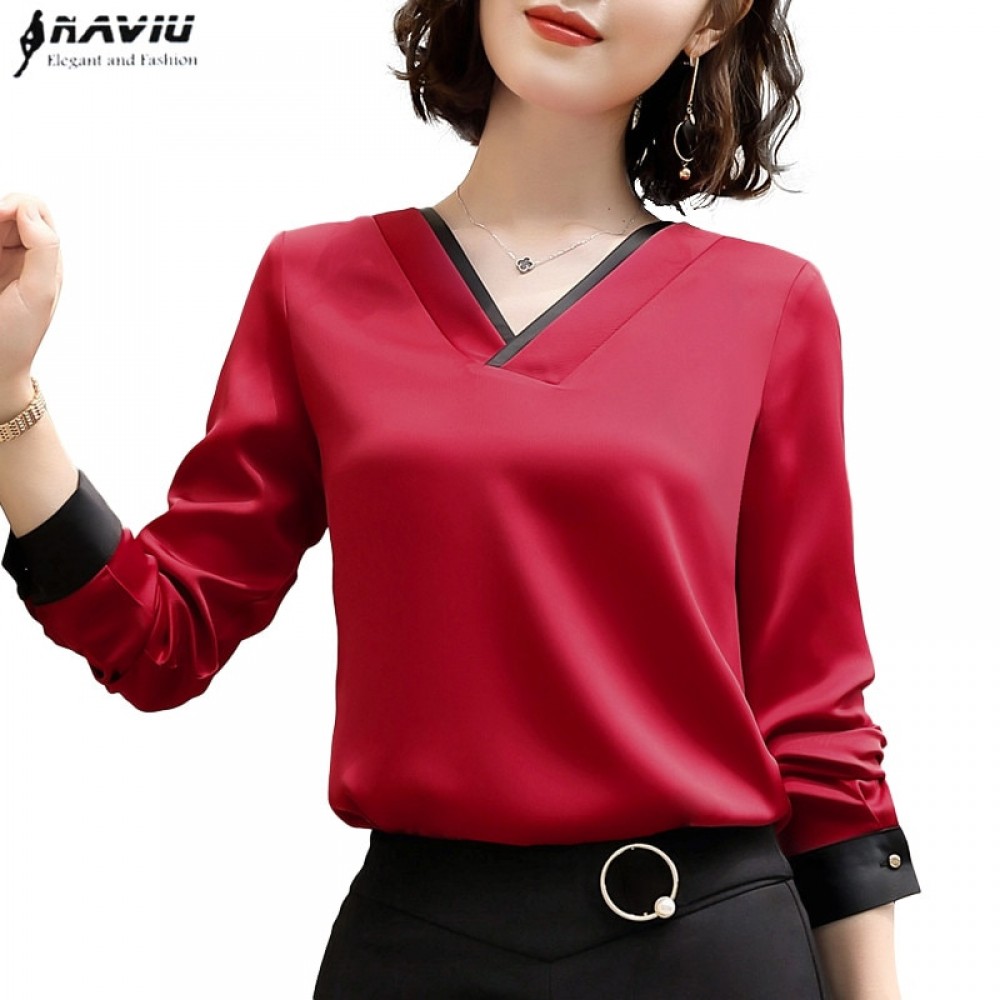 2018 New Temperament V Neck shirt women High quality chiffon fashion long sleeve blouse office formal Loose plus size tops Red
