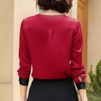 2018 New Temperament V Neck shirt women High quality chiffon fashion long sleeve blouse office formal Loose plus size tops Red