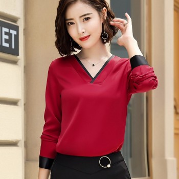 2018 New Temperament V Neck shirt women High quality chiffon fashion long sleeve blouse office formal Loose plus size tops Red