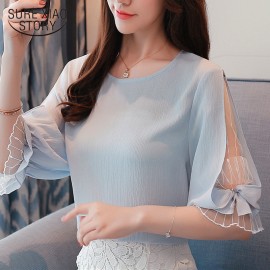 2018 fashion chiffon womens clothing summer half sleeve light blue women shirt blouse sweet o-neck womens tops blusas D740 30