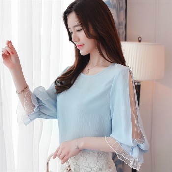 2018 fashion chiffon womens clothing summer half sleeve light blue women shirt blouse sweet o-neck womens tops blusas D740 30