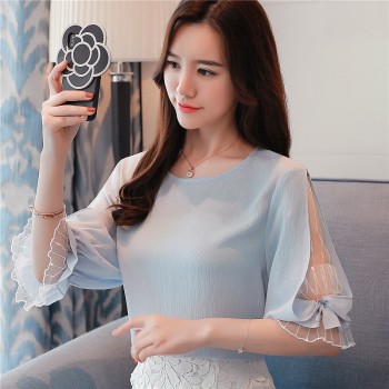 2018 fashion chiffon womens clothing summer half sleeve light blue women shirt blouse sweet o-neck womens tops blusas D740 30