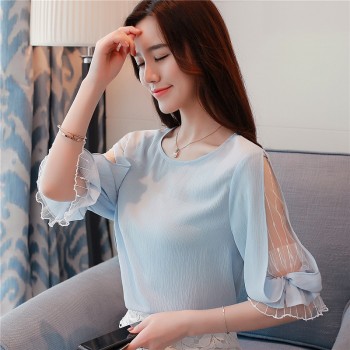 2018 fashion chiffon womens clothing summer half sleeve light blue women shirt blouse sweet o-neck womens tops blusas D740 30