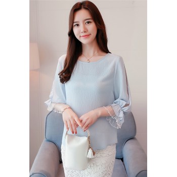 2018 fashion chiffon womens clothing summer half sleeve light blue women shirt blouse sweet o-neck womens tops blusas D740 30