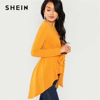 SHEIN Ginger Self Belted Asymmetrical Hem Top Casual Long Sleeve Round Neck Blouses Women Autumn Elegant Office Ladies Blouse