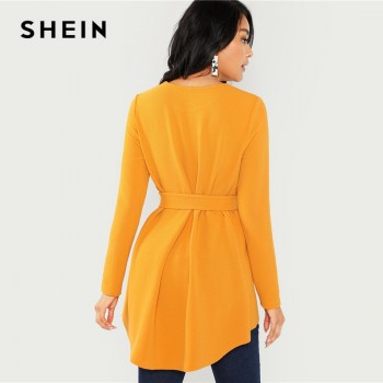 SHEIN Ginger Self Belted Asymmetrical Hem Top Casual Long Sleeve Round Neck Blouses Women Autumn Elegant Office Ladies Blouse