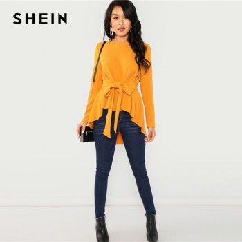 SHEIN Ginger Self Belted Asymmetrical Hem Top Casual Long Sleeve Round Neck Blouses Women Autumn Elegant Office Ladies Blouse