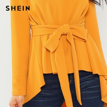 SHEIN Ginger Self Belted Asymmetrical Hem Top Casual Long Sleeve Round Neck Blouses Women Autumn Elegant Office Ladies Blouse