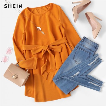 SHEIN Ginger Self Belted Asymmetrical Hem Top Casual Long Sleeve Round Neck Blouses Women Autumn Elegant Office Ladies Blouse