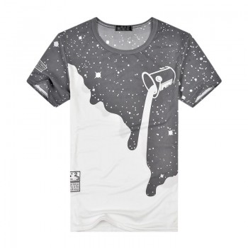 MR K Men Fashion Summer Milk Poured Pattern Inverted Milk 3D T-shirt Printed Short Sleeve Round Neck Slim Casual T-shirt Top