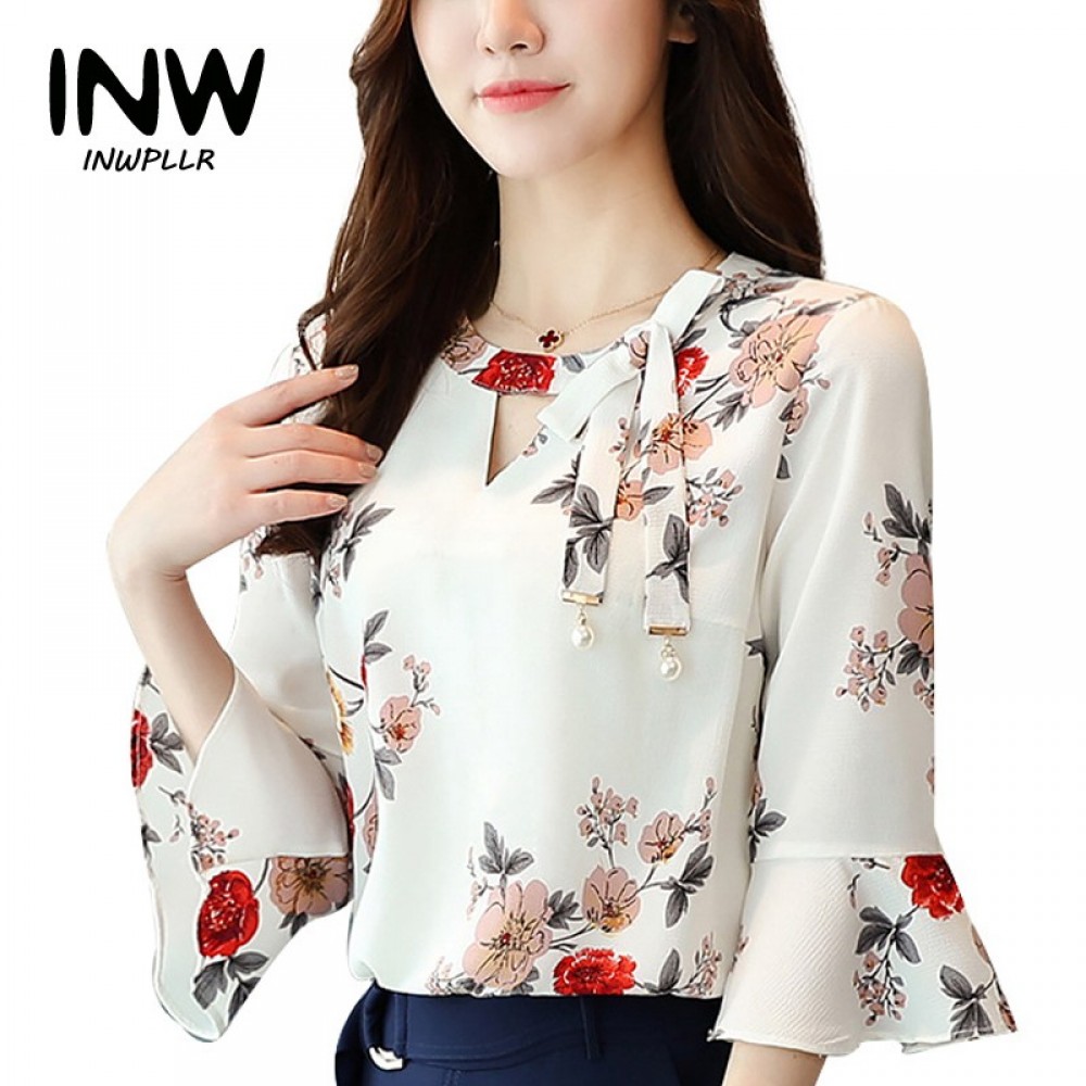2017 New Summer Autumn Blouse Women Tops Floral Print Shirts Elegant Three Quarter Flare Sleeves Chiffon Blusas Femininas