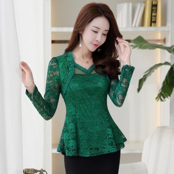 2019 Plus size Women clothing Spring lace Shirt Tops Cutout basic female Elegant long-sleeve Lace Blouses shirts M-4XL 117F