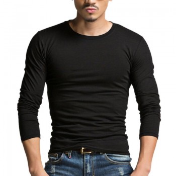 MISSKY Spring Autumn Men T-Shirt Simple Solid Color Long-Sleeve T-Shirt Chic Slim Round Neck Tops