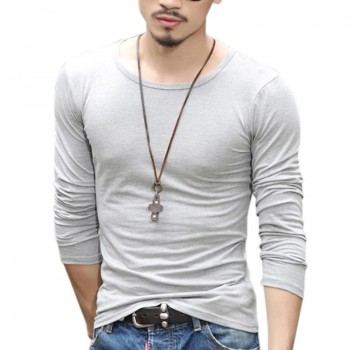 MISSKY Spring Autumn Men T-Shirt Simple Solid Color Long-Sleeve T-Shirt Chic Slim Round Neck Tops