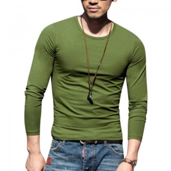 MISSKY Spring Autumn Men T-Shirt Simple Solid Color Long-Sleeve T-Shirt Chic Slim Round Neck Tops