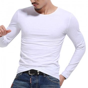 MISSKY Spring Autumn Men T-Shirt Simple Solid Color Long-Sleeve T-Shirt Chic Slim Round Neck Tops