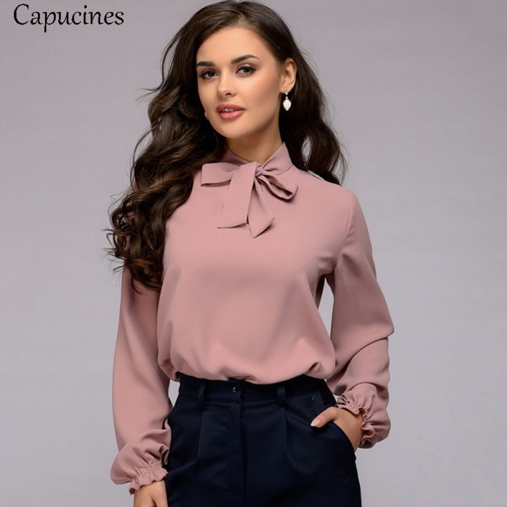 Capucines Elegant Bow Tie Women Shirt 2019 Spring Ladies Solid Long Sleeve Chiffon Shirts Casual Blouses Vintage Tops Blusas