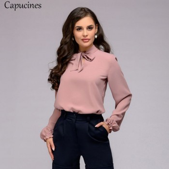 Capucines Elegant Bow Tie Women Shirt 2019 Spring Ladies Solid Long Sleeve Chiffon Shirts Casual Blouses Vintage Tops Blusas