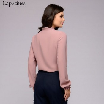 Capucines Elegant Bow Tie Women Shirt 2019 Spring Ladies Solid Long Sleeve Chiffon Shirts Casual Blouses Vintage Tops Blusas