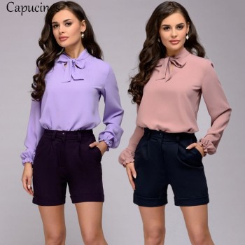 Capucines Elegant Bow Tie Women Shirt 2019 Spring Ladies Solid Long Sleeve Chiffon Shirts Casual Blouses Vintage Tops Blusas