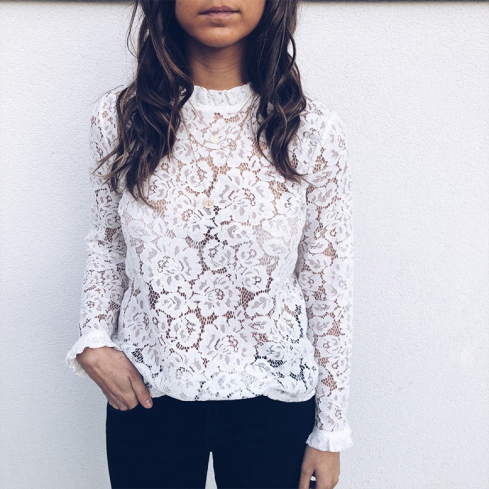 BEFORW 2019 Women Sexy Lace Hollow Out Perspective Blouse Shirt Elegant Flare Sleeve Black White Blouses Casual Floral Tops