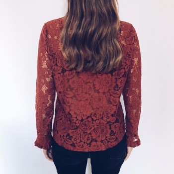 BEFORW 2019 Women Sexy Lace Hollow Out Perspective Blouse Shirt Elegant Flare Sleeve Black White Blouses Casual Floral Tops