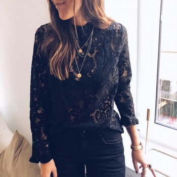 BEFORW 2019 Women Sexy Lace Hollow Out Perspective Blouse Shirt Elegant Flare Sleeve Black White Blouses Casual Floral Tops