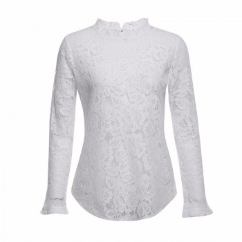 BEFORW 2019 Women Sexy Lace Hollow Out Perspective Blouse Shirt Elegant Flare Sleeve Black White Blouses Casual Floral Tops