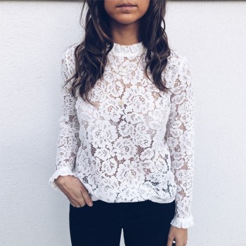 BEFORW 2019 Women Sexy Lace Hollow Out Perspective Blouse Shirt Elegant Flare Sleeve Black White Blouses Casual Floral Tops
