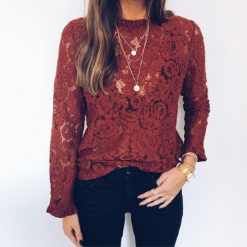 BEFORW 2019 Women Sexy Lace Hollow Out Perspective Blouse Shirt Elegant Flare Sleeve Black White Blouses Casual Floral Tops