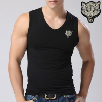 New Casual Mens Wolf T-shirts 2019 Round Neck Sleeveless Cotton embroidery Animal T shirt Men Tee Shirts Homme Camisetas Hombre