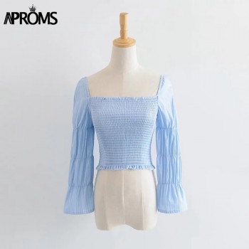 Aproms Vintage Square Neck Smocked Blouse Shirt Women Puffed 3/4 Sleeve White Crop Top Summer High Street Slim Blouse Blusa 2018