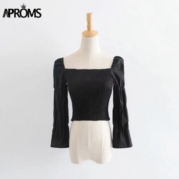 Aproms Vintage Square Neck Smocked Blouse Shirt Women Puffed 3/4 Sleeve White Crop Top Summer High Street Slim Blouse Blusa 2018