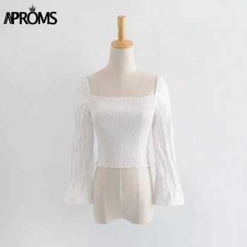Aproms Vintage Square Neck Smocked Blouse Shirt Women Puffed 3/4 Sleeve White Crop Top Summer High Street Slim Blouse Blusa 2018