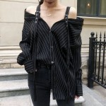 LANMREM 2019 New Fashion Personality Black Strap Vertical Stripe Off-shoulder Long Sleeve Shirt Females Blouse Vestido YE22801