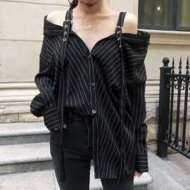 LANMREM 2019 New Fashion Personality Black Strap Vertical Stripe Off-shoulder Long Sleeve Shirt Females Blouse Vestido YE22801
