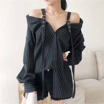 LANMREM 2019 New Fashion Personality Black Strap Vertical Stripe Off-shoulder Long Sleeve Shirt Females Blouse Vestido YE22801
