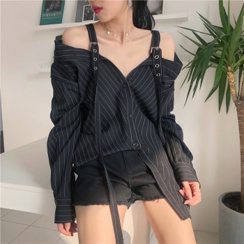 LANMREM 2019 New Fashion Personality Black Strap Vertical Stripe Off-shoulder Long Sleeve Shirt Females Blouse Vestido YE22801