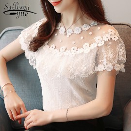 Sexy hollow lace women blouse shirt fashion 2019 new short sleeve summer women tops floral lace womens clothing blusas 0051 30