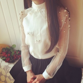 2018 New spring elegant organza bow of Pearl White blouse casual chiffon shirt women blouses tops blusas femininas 607I 25