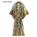 Bohemian V neck Peacock Flower Print Long Kimono Shirt Ethnic New Lacing up With Sashes Long Cardigan Loose Blouse Tops femme