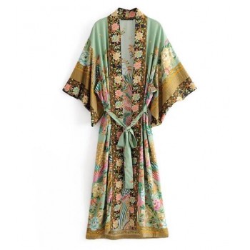 Bohemian V neck Peacock Flower Print Long Kimono Shirt Ethnic New Lacing up With Sashes Long Cardigan Loose Blouse Tops femme
