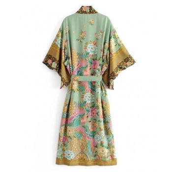 Bohemian V neck Peacock Flower Print Long Kimono Shirt Ethnic New Lacing up With Sashes Long Cardigan Loose Blouse Tops femme