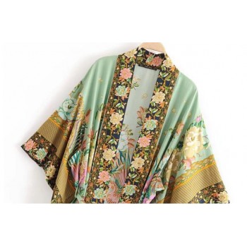 Bohemian V neck Peacock Flower Print Long Kimono Shirt Ethnic New Lacing up With Sashes Long Cardigan Loose Blouse Tops femme