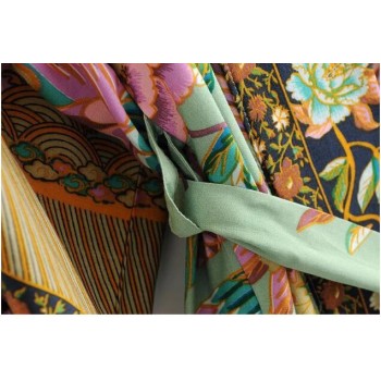 Bohemian V neck Peacock Flower Print Long Kimono Shirt Ethnic New Lacing up With Sashes Long Cardigan Loose Blouse Tops femme