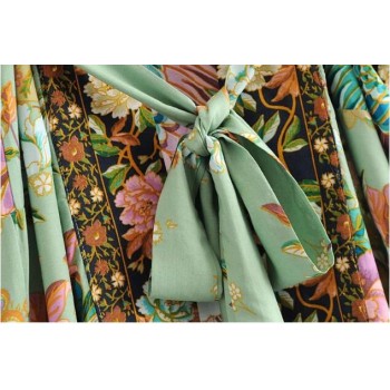 Bohemian V neck Peacock Flower Print Long Kimono Shirt Ethnic New Lacing up With Sashes Long Cardigan Loose Blouse Tops femme