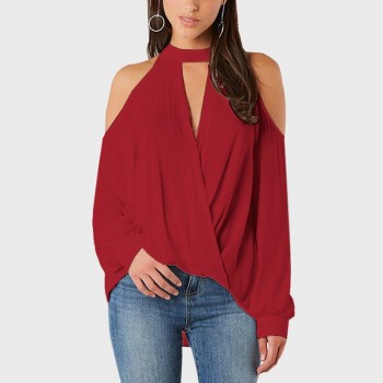 Women Blouses 2019 Spring Sexy Cold Shoulder Top Elegant Long Sleeve Blouse Plain OL Office Shirt Halter Tops Blusa Feminina