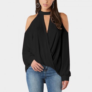 Women Blouses 2019 Spring Sexy Cold Shoulder Top Elegant Long Sleeve Blouse Plain OL Office Shirt Halter Tops Blusa Feminina