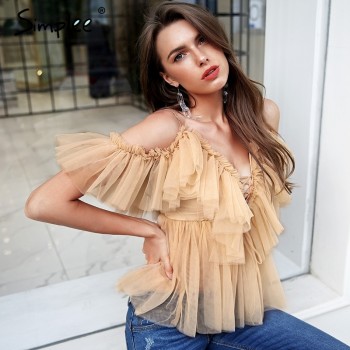 Simplee V neck strap boho mesh blouse shirt women Ruffle short sleeve elegant peplum tops Summer lace up ladies sexy blusas 2018